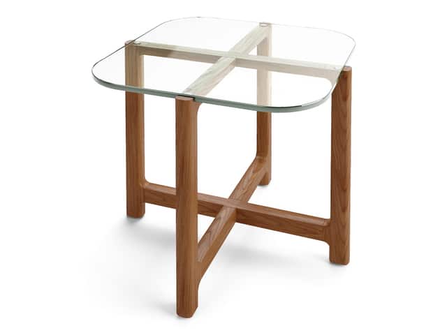 Quarry End Table – Clear Glass & Walnut – P01